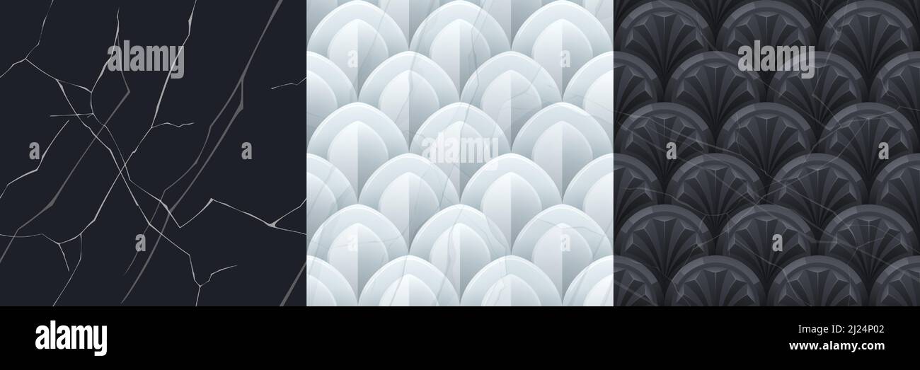 Trame di marmo con ornamento geometrico di ventilatore e scala. Vettoriale cartoni animati disegni senza giunture di superficie in pietra bianca, grigia e nera con motivo decorativo astratto Illustrazione Vettoriale