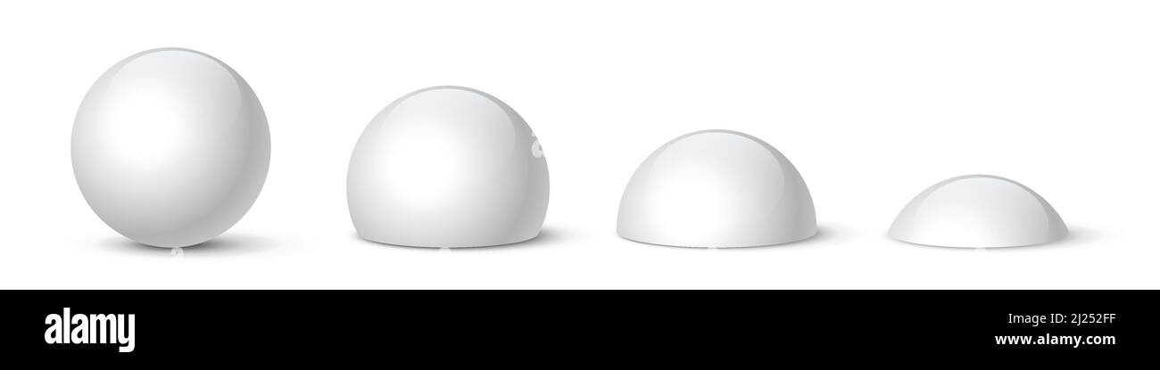 illustrazione vettoriale di 3d palle lucide in marmo. Sfera ed emisfero realistici con effetto ombra e lucido, sfere magiche intere e mezzo vetro di perle wi Illustrazione Vettoriale