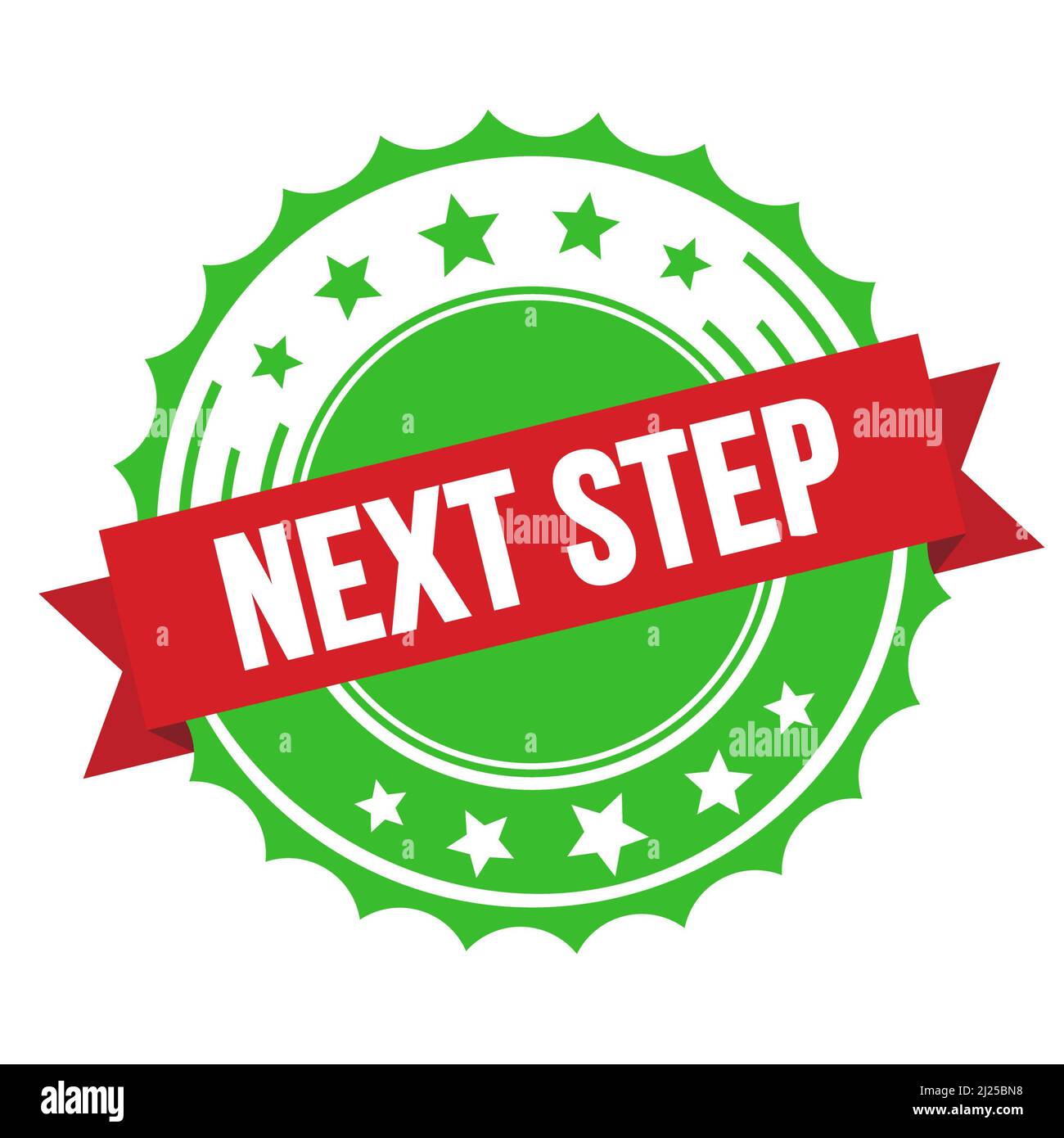Testo DEL PASSAGGIO SUCCESSIVO sul timbro del badge a nastro rosso verde. Foto Stock