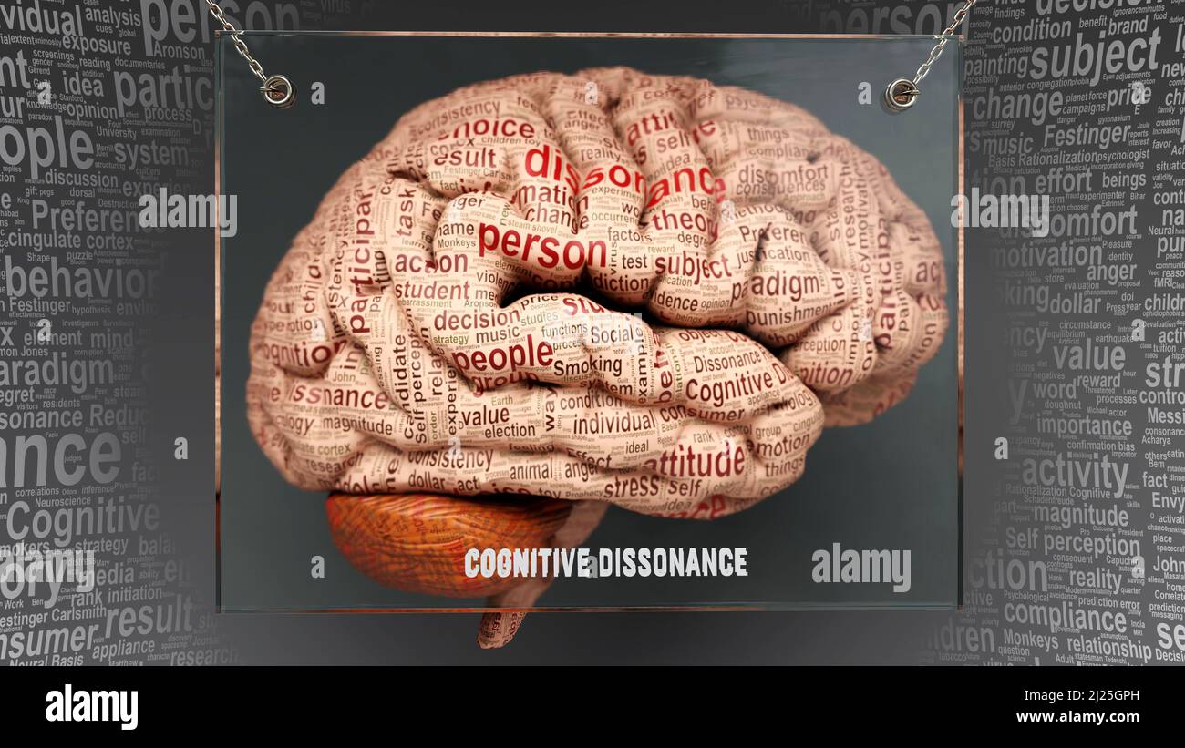 Anatomia della dissonanza cognitiva - le sue cause e gli effetti proiettati su un cervello umano rivelando la complessità della dissonanza cognitiva e il rapporto con la mente umana. Foto Stock