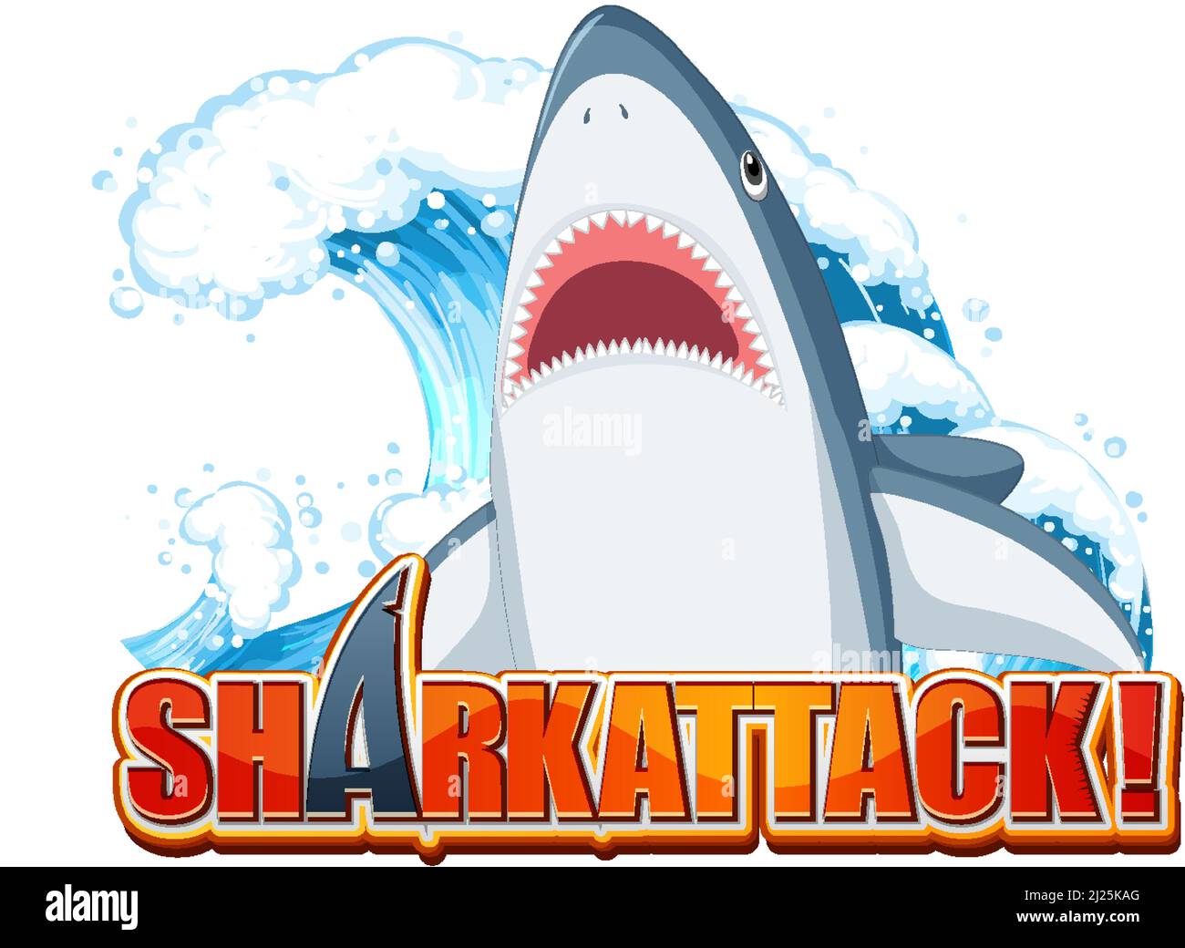 Logo del font Shark Attack con illustrazione dello squalo aggressivo nei cartoni animati Illustrazione Vettoriale