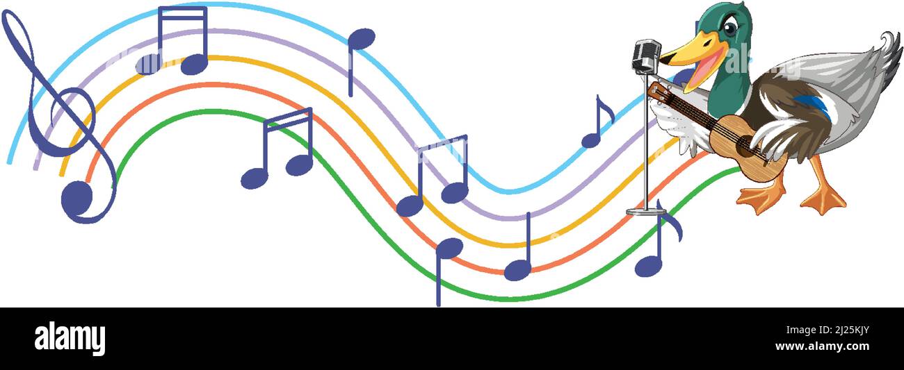 La chitarra anatra suona, ukulele con illustrazione di nota musicale Illustrazione Vettoriale