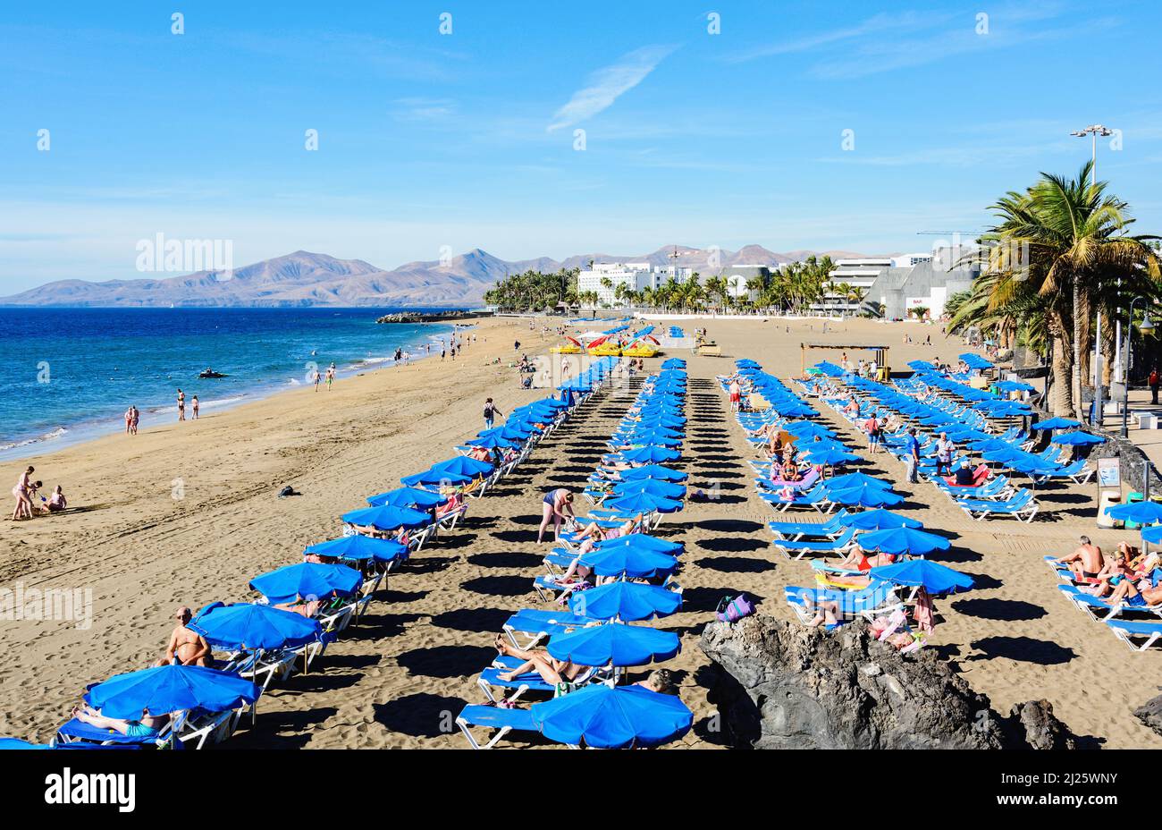 Lettini e ombrelloni Puerto del Carmen, Lanzarote Foto Stock