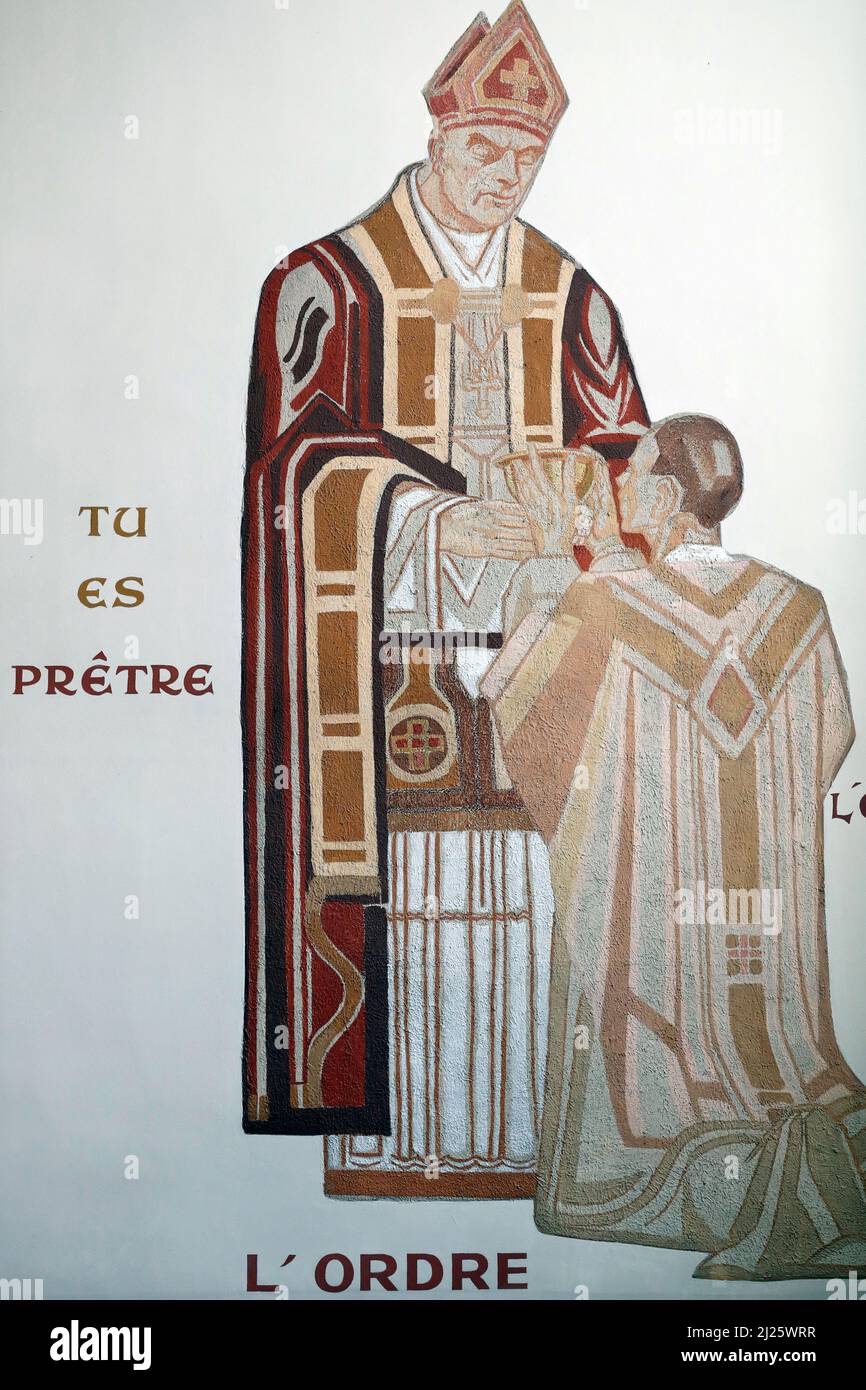 Ordinazione al sacerdozio cattolico (rito latino). Ordini santi. Pittura di parete. Foto Stock