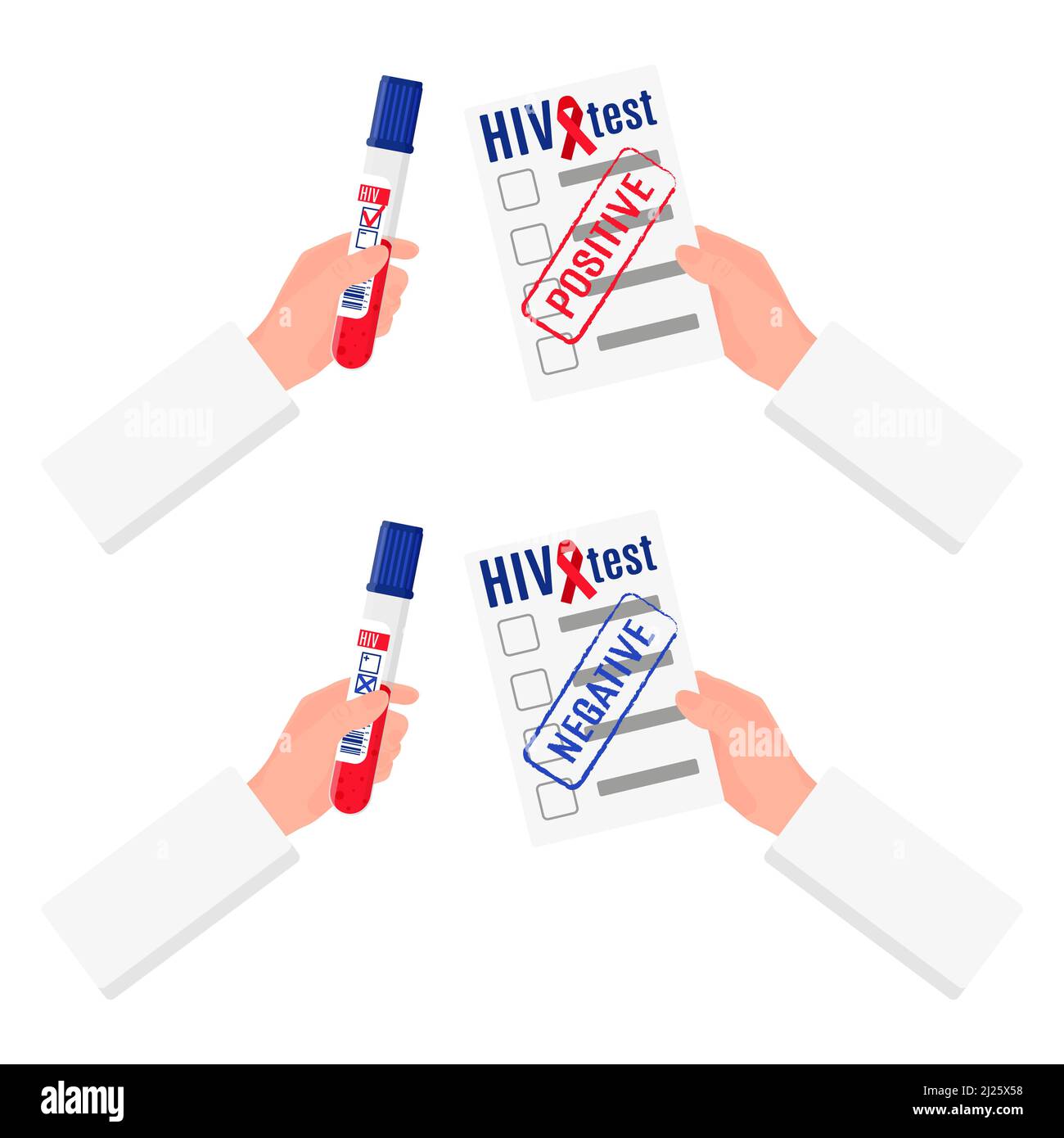 Illustrazione vettoriale delle mani di un dotto che contiene una provetta con un esame del sangue per l'HIV e un risultato si forma isolato su sfondo bianco. Positivo Illustrazione Vettoriale