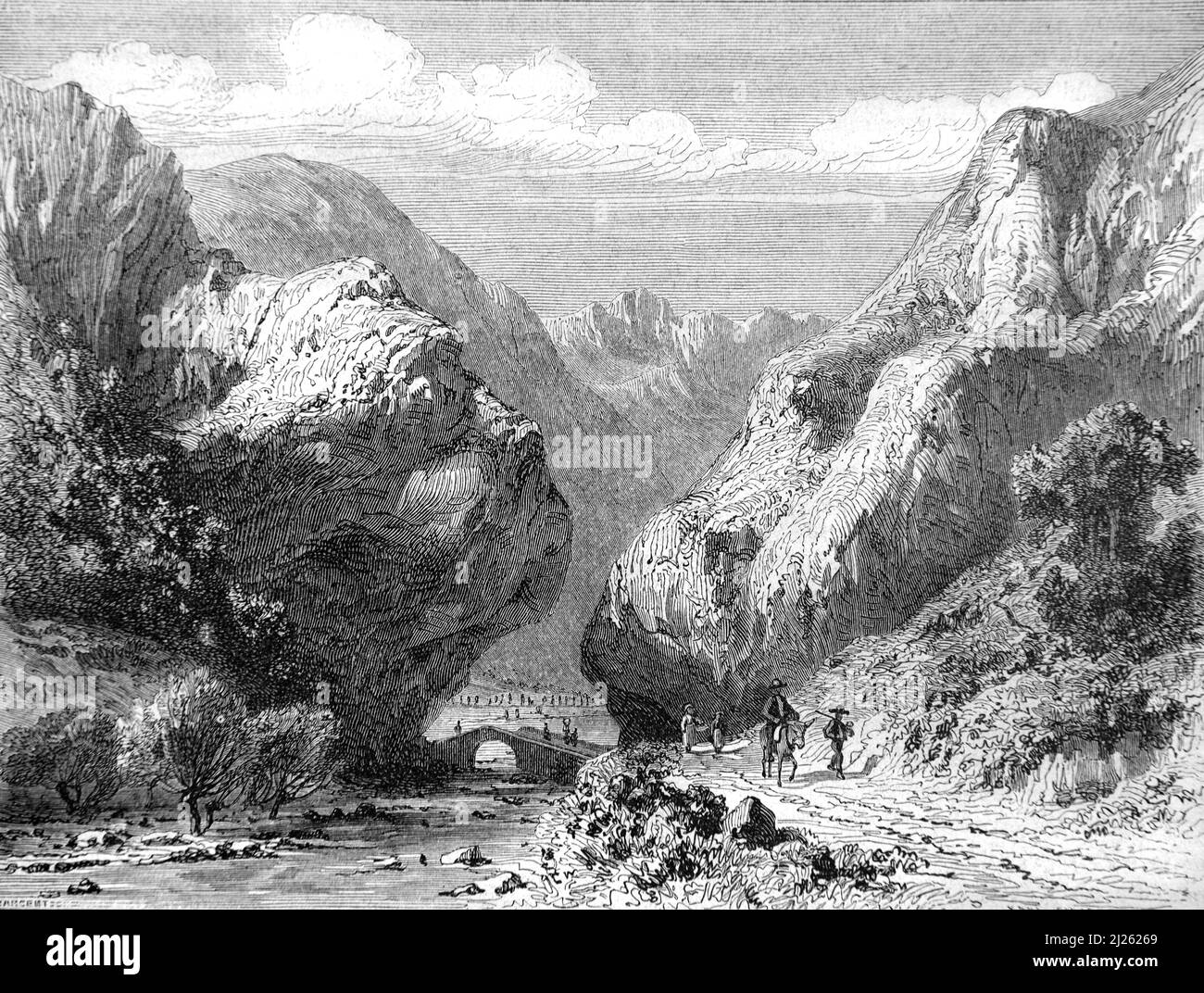 La valle di Roumeyer e la catena montuosa di Glandasse (2041m) nel Pays Diois, nel Massif Vercors o Parco Regionale del Vercors Drôme Francia. Illustrazione o incisione vintage 1860. Foto Stock
