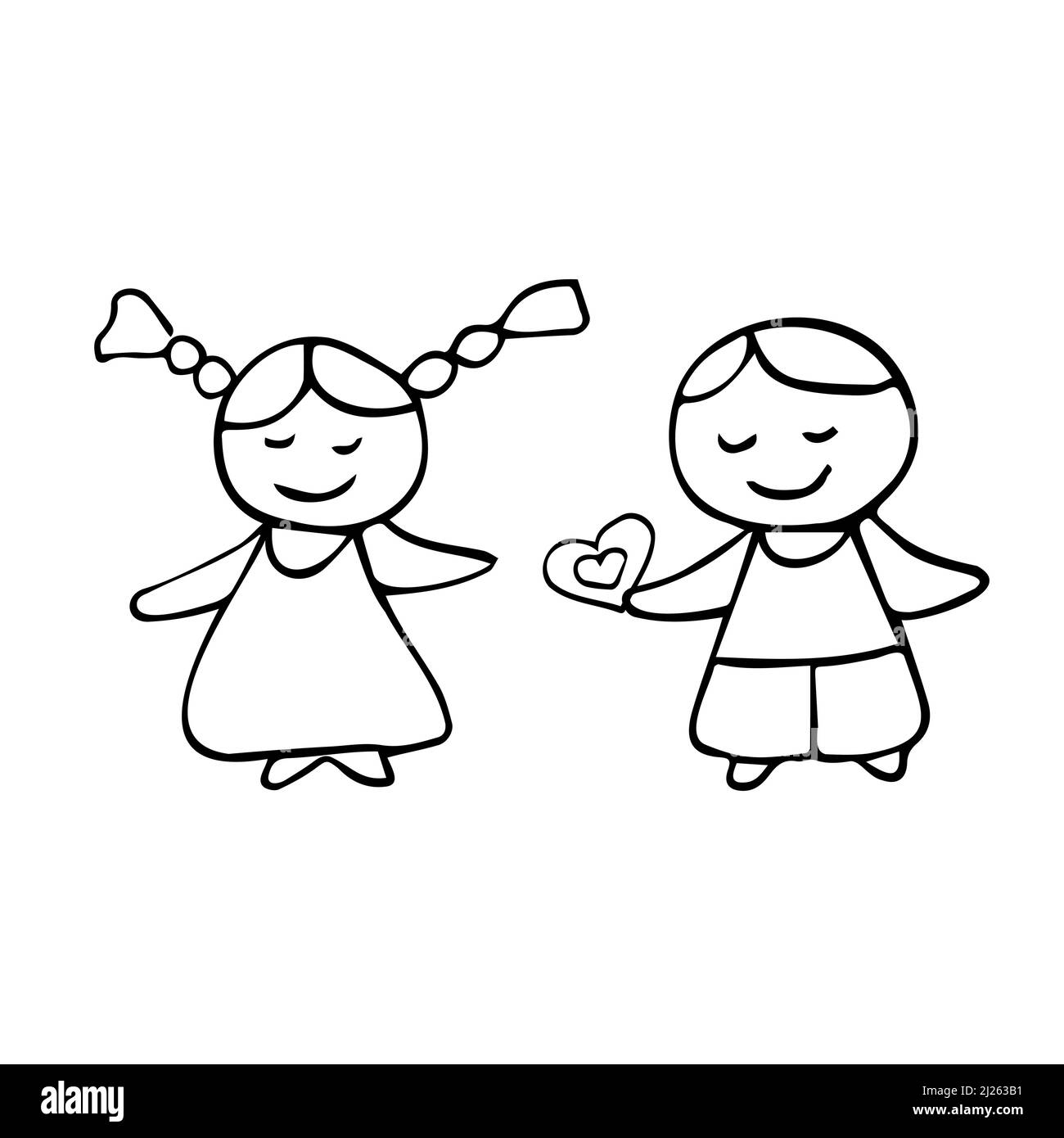 Doodle Children Set vettoriale disegnato a mano. Schizzo icona ragazza e ragazzo. Isolato Illustrazione Vettoriale
