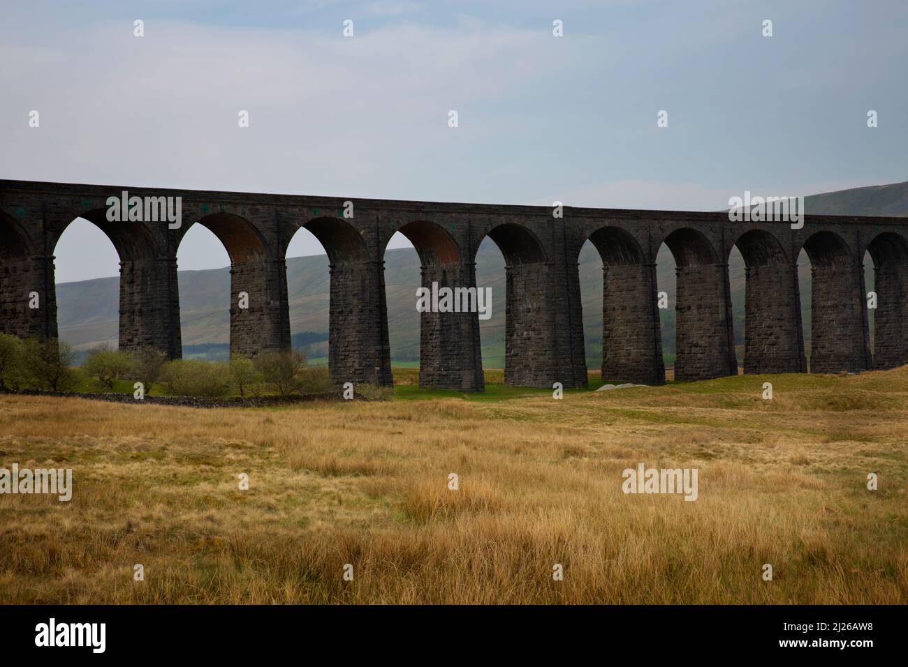 Ribblehead Viadotto sulla ferrovia Settle-Carlisle, North Yorkshire, Inghilterra Foto Stock