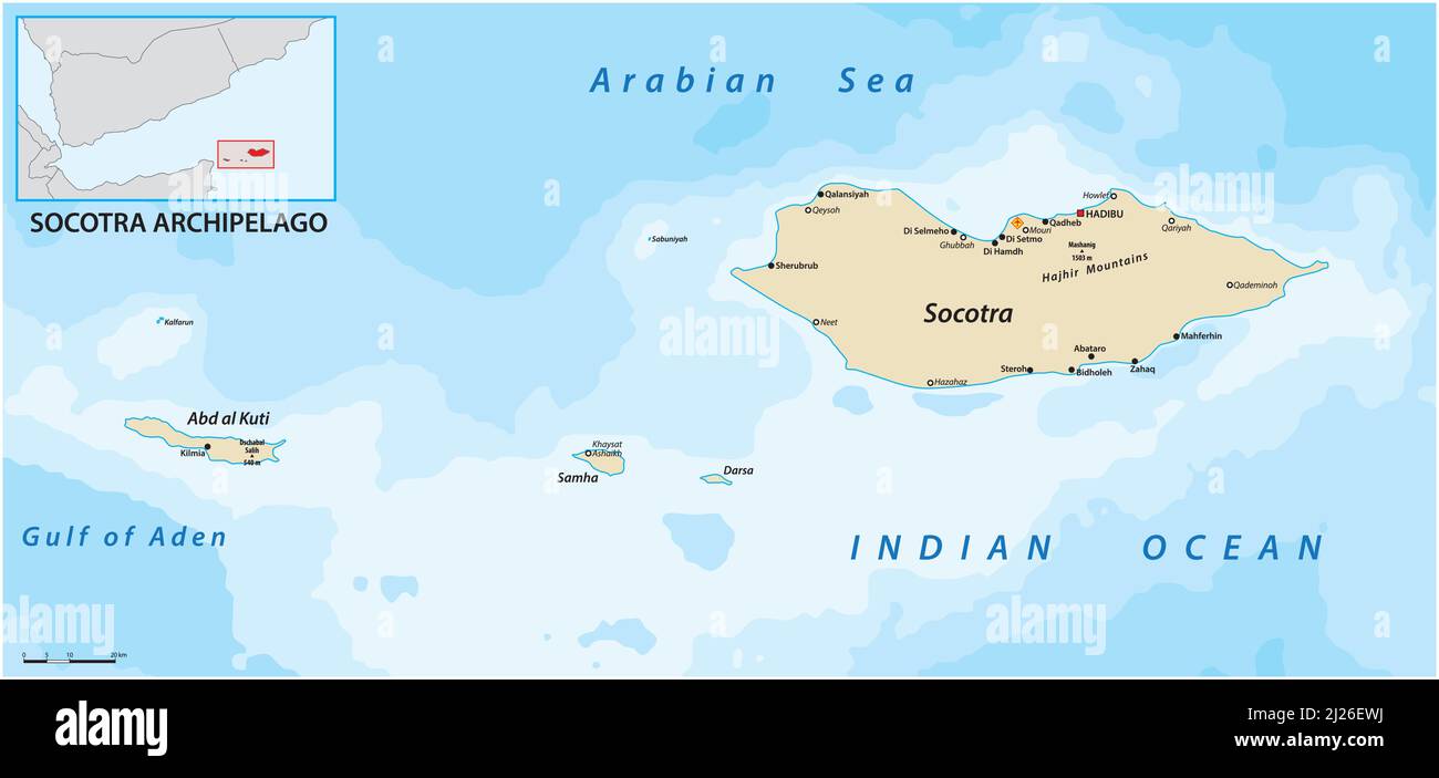 Mappa vettoriale delle isole dello Yemen dell'arcipelago di Socotra Illustrazione Vettoriale