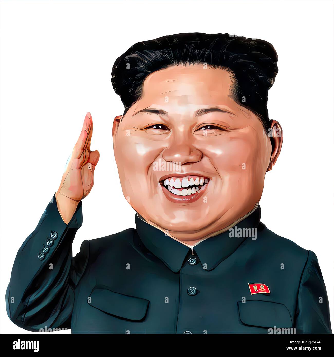 presidente della Corea del Nord dittatore Kim Jong ONU, faccia caricatura, saluta, sorridente Foto Stock