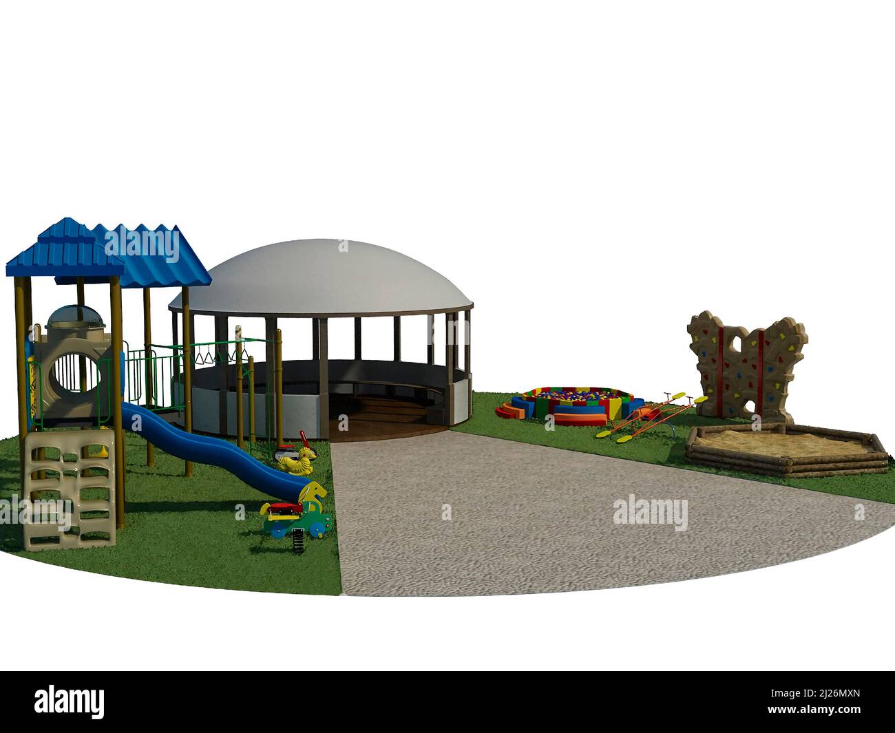 3d rappresentazione di un concetto di design per un parco giochi per bambini. 3d illustrazione. Immagine isolata su sfondo bianco Foto Stock