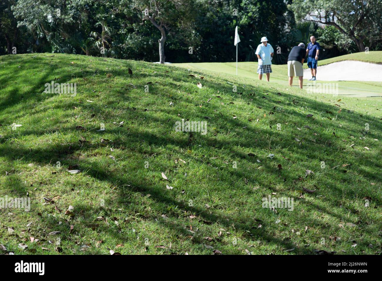 Gruppo golfista caucasico uomo scuotere la mano per l'amicizia prima di finire mettere la palla sul verde. Hobby relax durante le vacanze e le vacanze Foto Stock