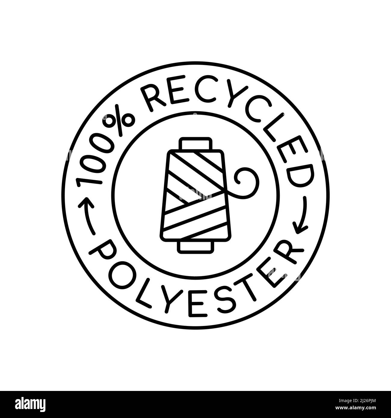 logo in poliestere riciclato al 100%. Tessuto realizzato in materiali riutilizzabili. Etichetta o timbro del materiale riciclato. Logo circolare in poliestere riciclabile. Vettore, piatto. Illustrazione Vettoriale