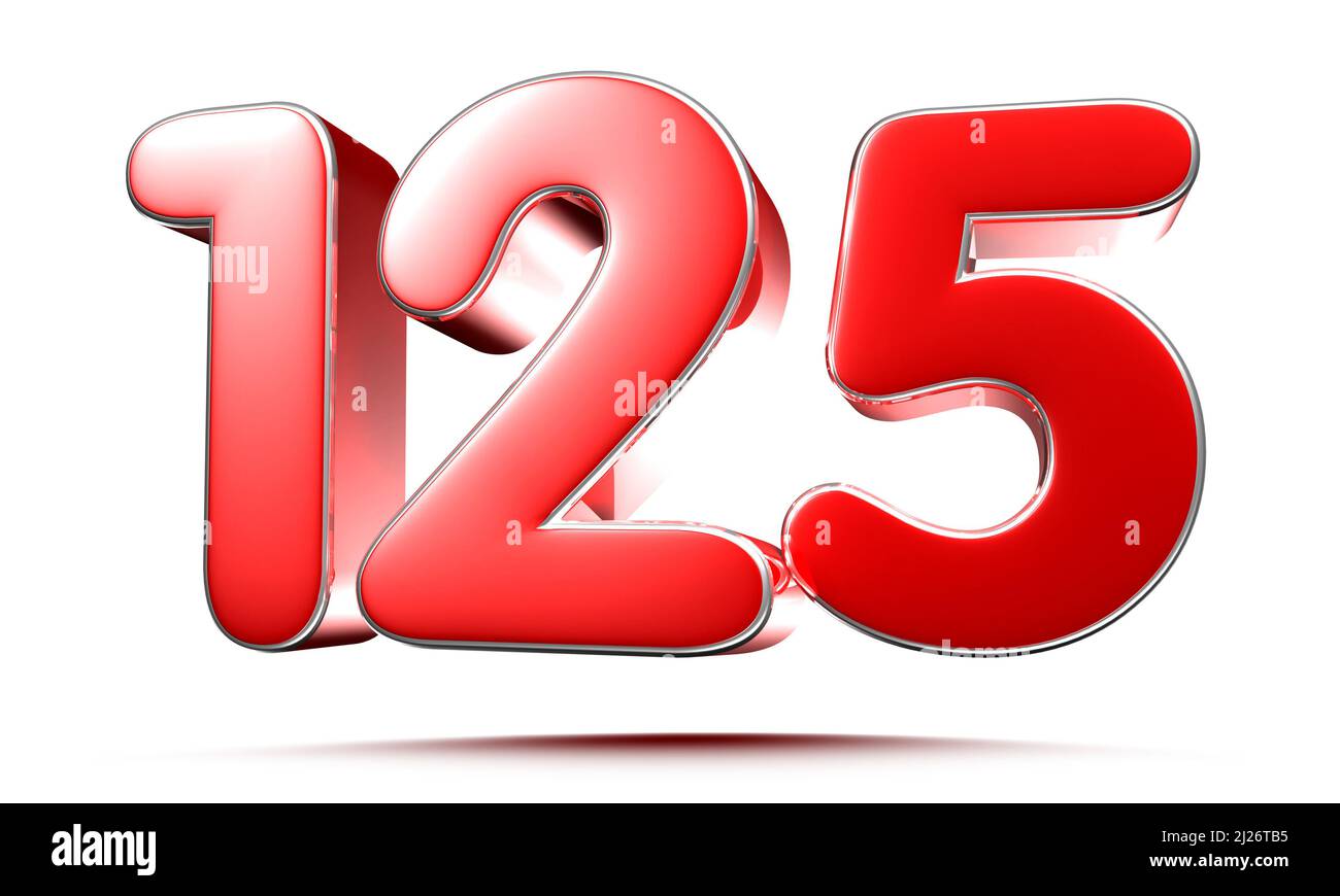 Numero rosso arrotondato 125 su sfondo bianco illustrazione 3D con tracciato di ritaglio Foto Stock