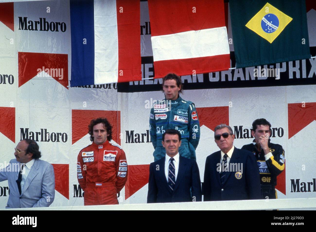 Alain Prost (fra) McLaren 2nd posizione Gerhard Berger (AUT) Benetton 1st posizione Ayrton Senna da Silva (BRA) Lotus 3rd posizione Foto Stock