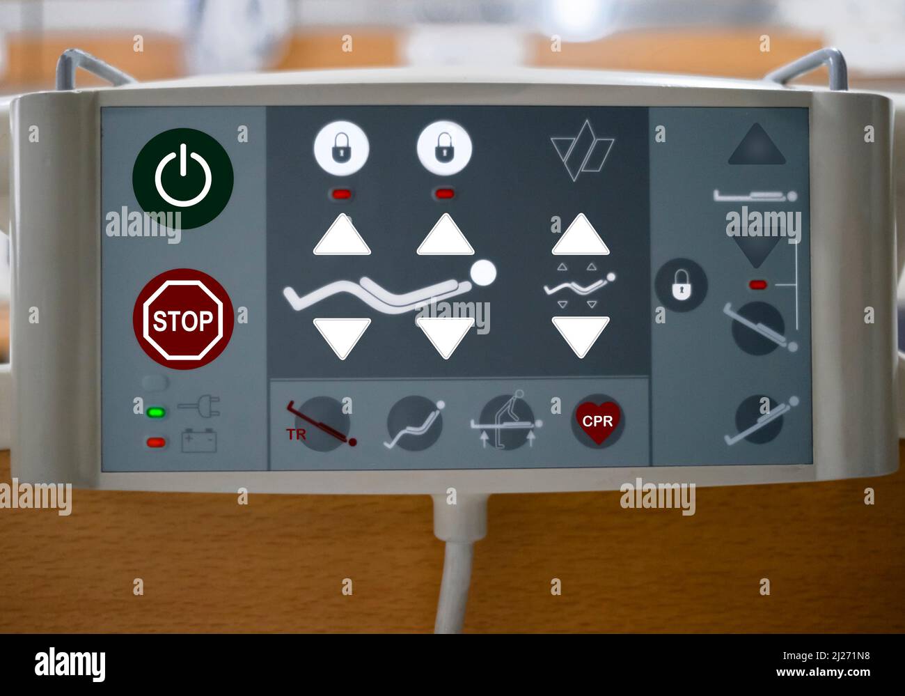 Pannello di controllo remoto del letto dell'ospedale regolabile. Icone e pulsanti. Pannello fuoco selettivo. Foto Stock