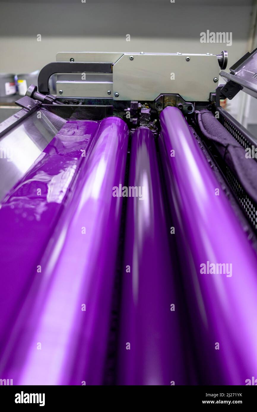 Rulli lucidi e a colori della macchina per stampa offset. Colore dell'inchiostro offset. Viola spot. Foto scattata verticalmente, cilindro di messa a fuoco selezionato al centro. Foto Stock