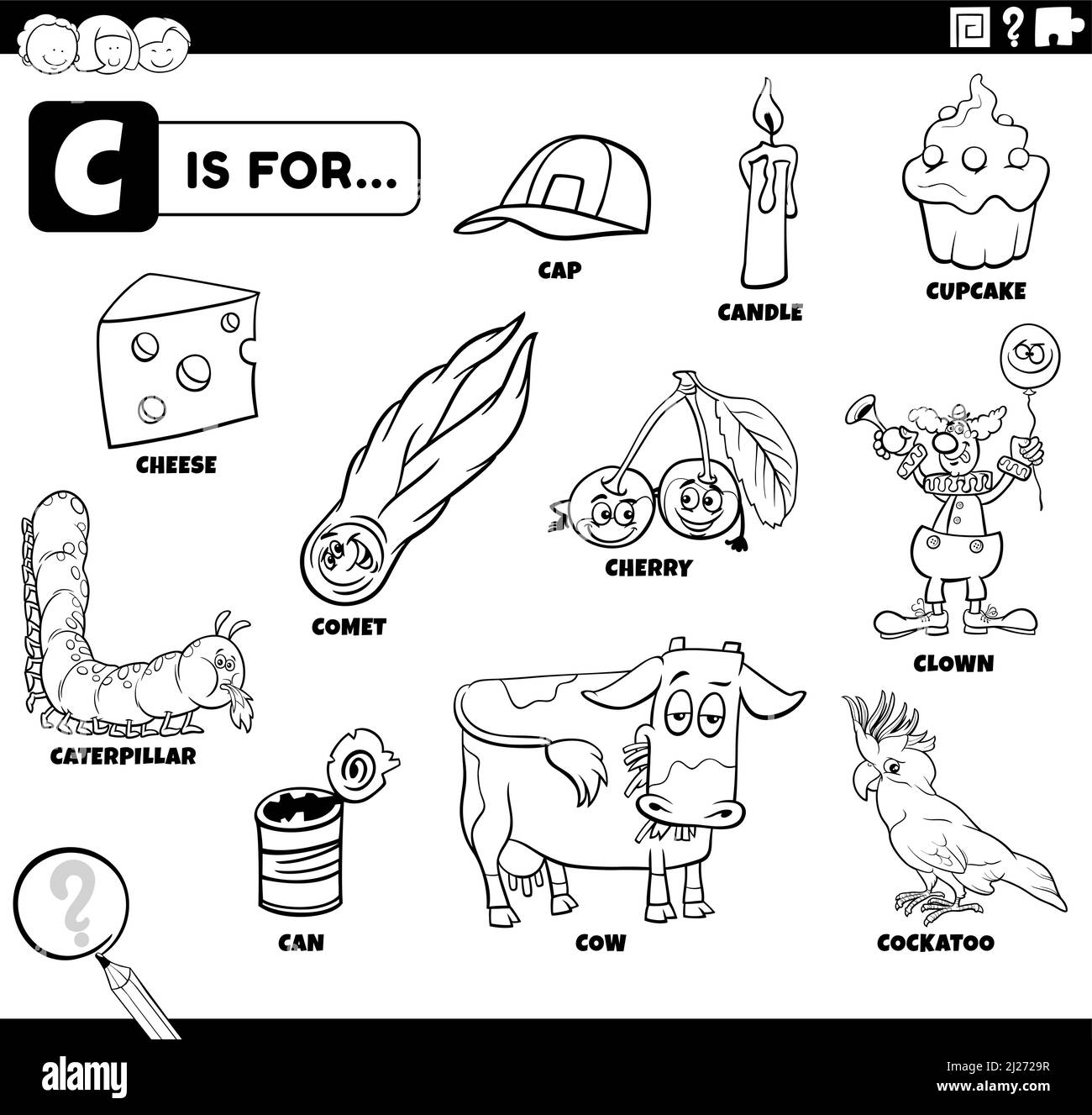 Illustrazione di fumetti e oggetti in bianco e nero che iniziano con la lettera C impostata per i bambini che colorano la pagina del libro Illustrazione Vettoriale
