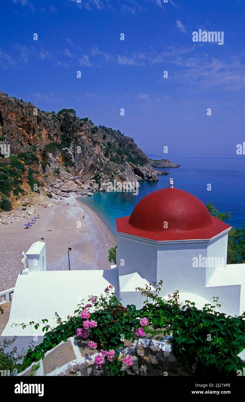 Kira Panagia, vista dalla chiesa alla spiaggia, isola di Karpathos, Dodecaneso, Grecia, Europa Foto Stock