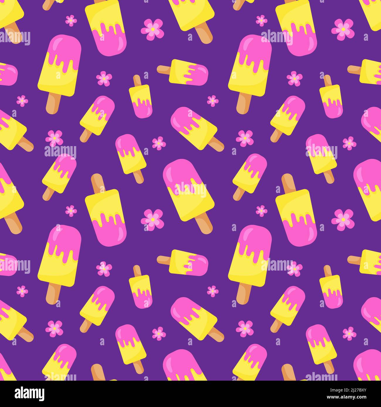 Divertente motivo senza cuciture con gelati colorati sul bastone. Colori giallo, rosa e viola. Umore estivo positivo. Design senza fine. Stampa per tessuti Illustrazione Vettoriale