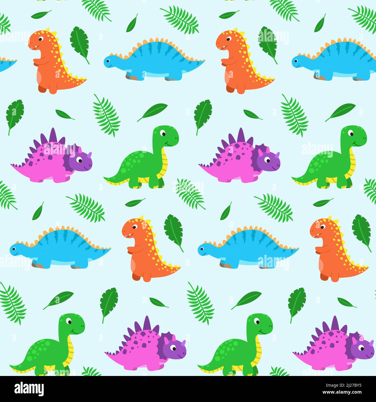 Modello senza cuciture con divertenti dinosauri cartoni animati. Stampa carina per i vestiti dei bambini, tessuti, arredamento stanza del vivaio. Sfondo bambino per tessuto, cartolina Illustrazione Vettoriale