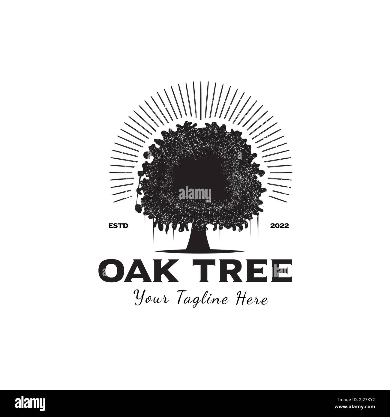 Modello di logo Vector Oak tree con luce solare isolata su sfondo bianco. Illustrazione Vettoriale