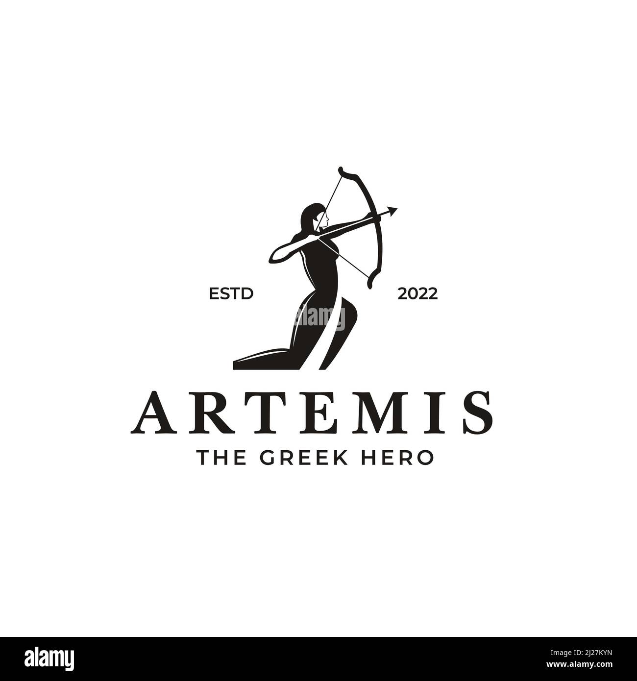 La dea greca Artemis con logo ad arco e freccia. Illustrazione Vettoriale