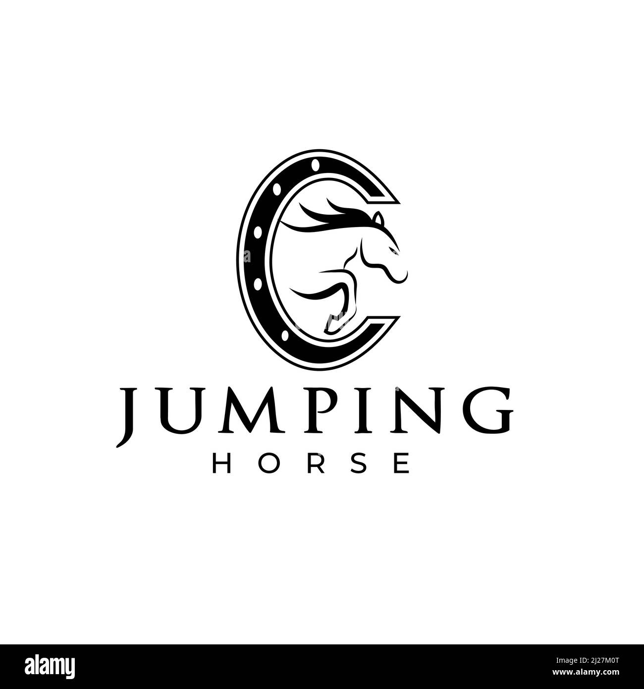 Jumping cavallo logo. Evento Horse. Mostra concorso di salto. Sport. Icone ed elementi di design. Lettera iniziale C. Monogramma. Tipi di logo tipografici. V Illustrazione Vettoriale