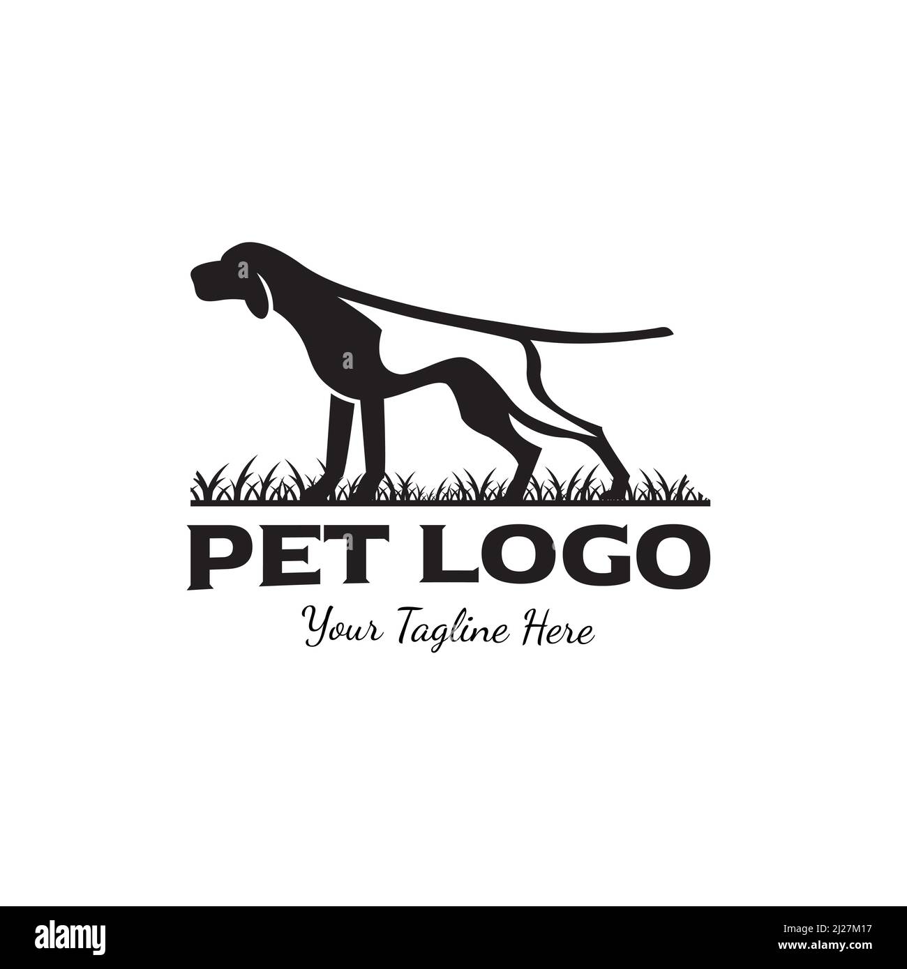 Silhouette di cane isolato su sfondo bianco. Oggetti vettoriali per etichette, badge, logo e altri progetti. Logo del cane, logo del cacciatore, cane da caccia, icona del cane, Illustrazione Vettoriale