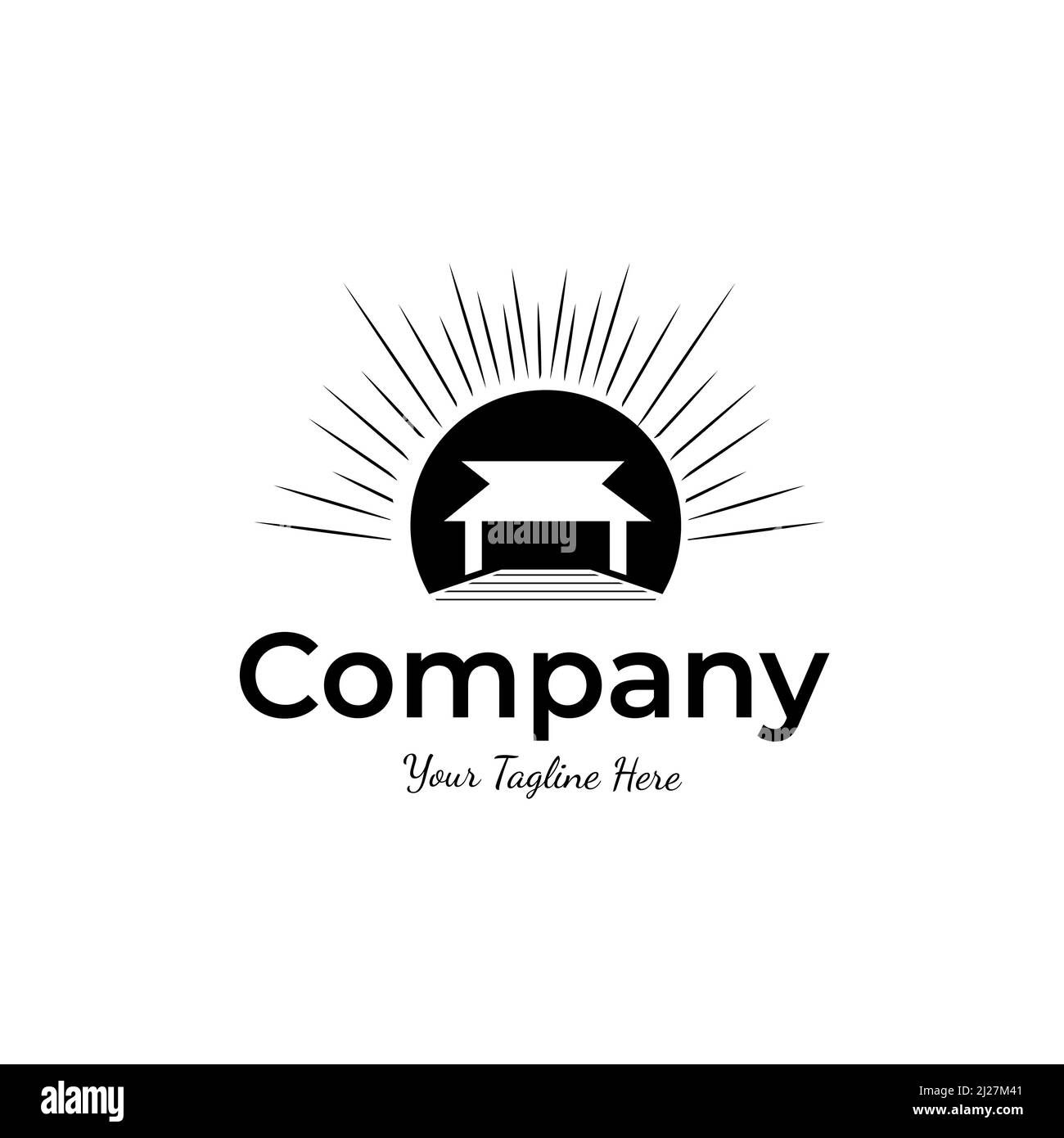 Silhouette di una casa sulla spiaggia che splende il sole sulla spiaggia Illustrazione Vettoriale