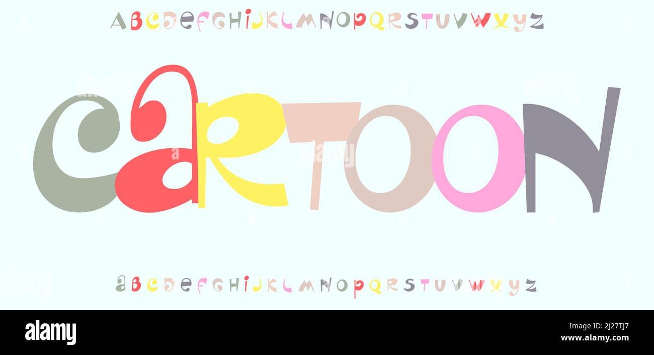Alfabeto cartoon. Carattere divertente infantile. Tipo giocoso per zona bambini, sala giochi e giocattolo per bambini. Logo gioioso, titolo di compleanno, tipografia fumettistica Illustrazione Vettoriale