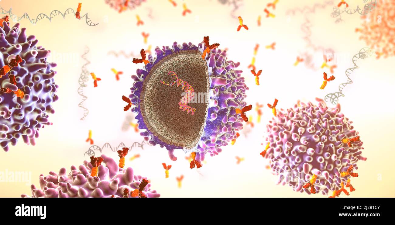 Cellula immunitaria del recettore dell'antigene chimerico geneticamente ingegnerizzato con filamento genico di mrna impiantato - illustrazione 3D Foto Stock