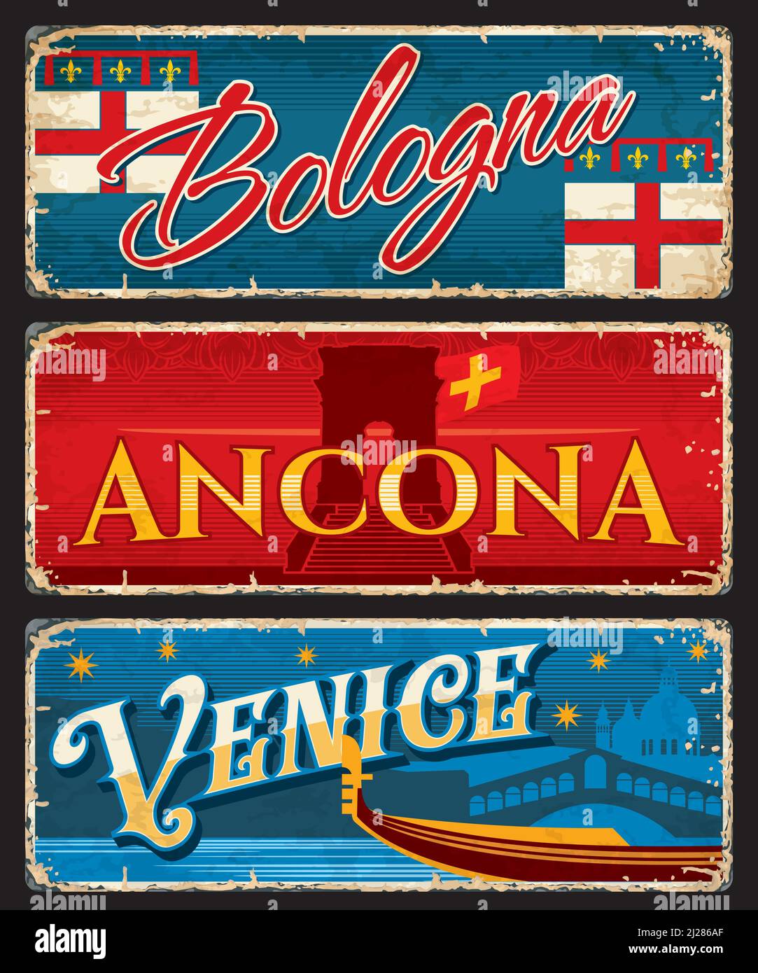 Bologna, Ancona e Venezia adesivi e targhe da viaggio italiani. Insegne in tino per le città d'Italia, cartoline vettoriali per le località di viaggio dei paesi europei o banner con bandiere, monumenti architettonici e gondola Illustrazione Vettoriale