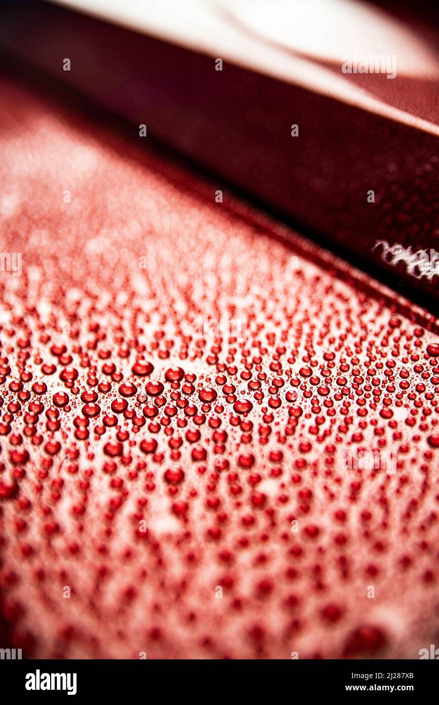 Gocce d'acqua sulla carrozzeria rossa. Idrofobico Foto Stock