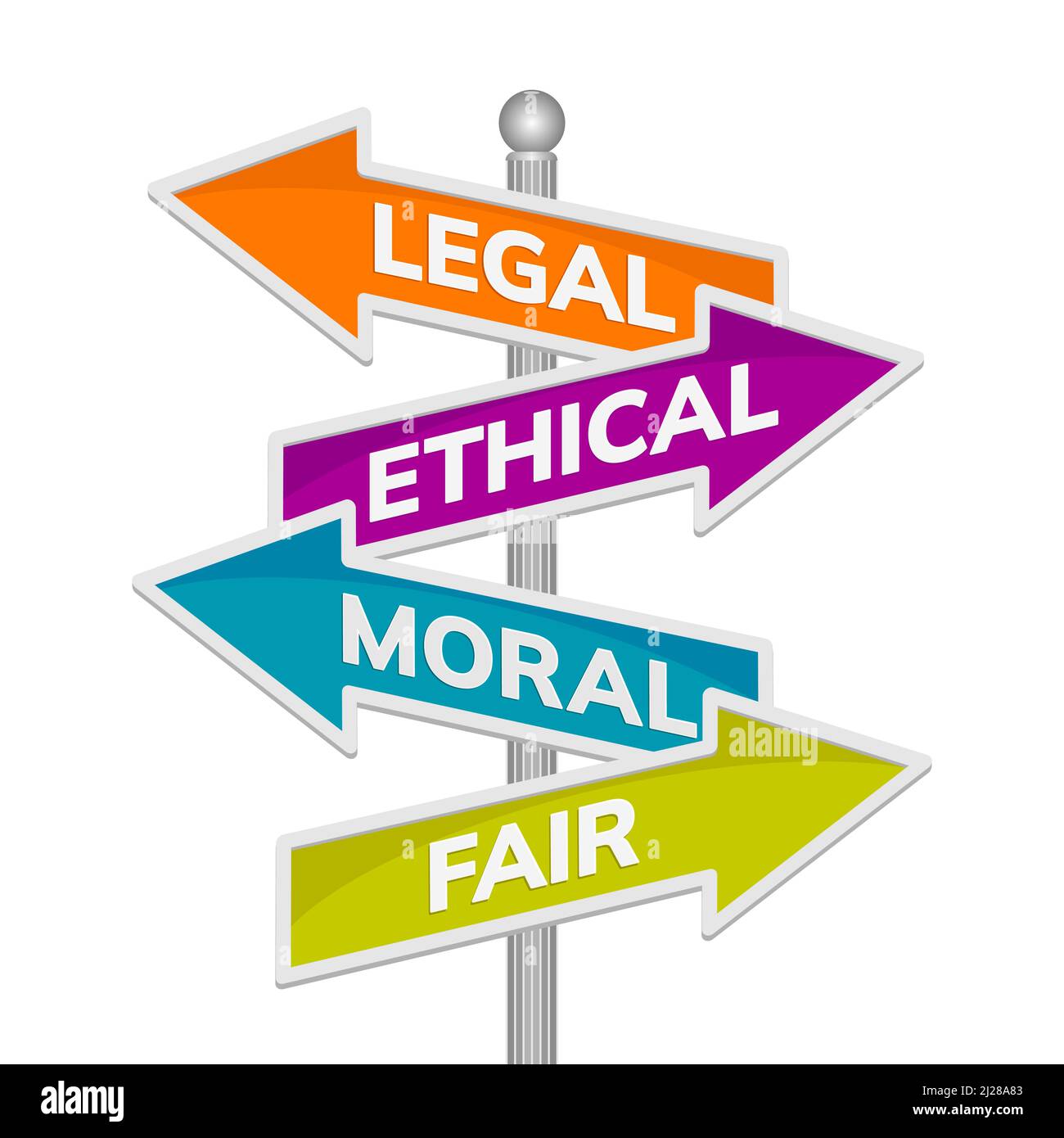 Parole legali, etiche, morali e giuste su cartello isolato su sfondo bianco. Illustrazione vettoriale Illustrazione Vettoriale