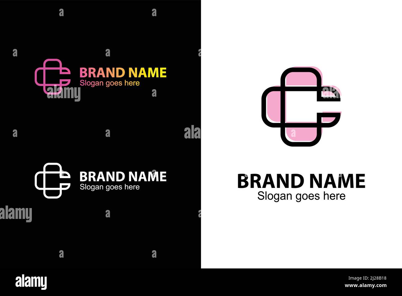 Croce di rosa, lettera C o logo CC. Logo lettera C o lettera CC con un design a croce rosa. Logo in stile line art. Illustrazione Vettoriale