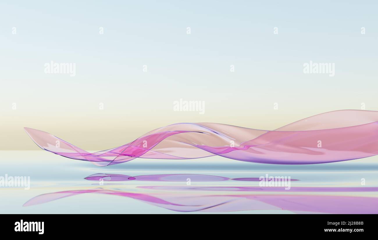 Vento nastro di vetro su acqua. Carta da parati astratta per striscione. 3d rendering. Foto Stock