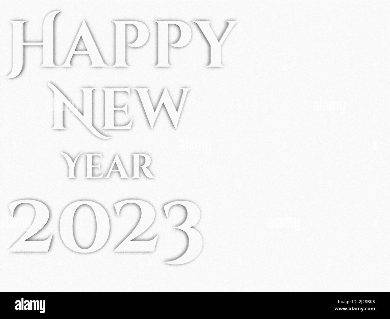 Un'illustrazione del 3D bianco Happy New Year 2023 testo isolato su sfondo bianco Foto Stock