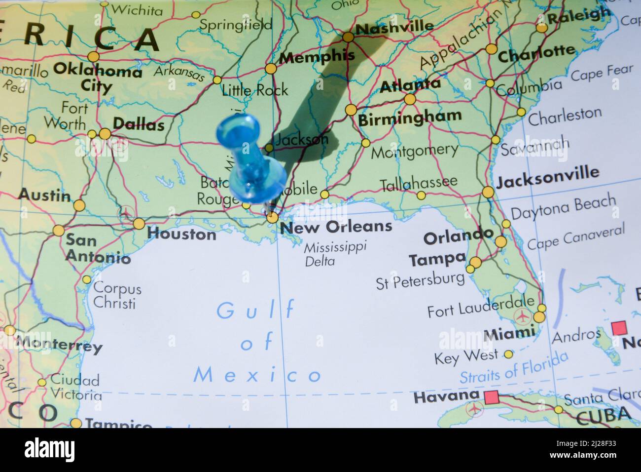 Primo piano di un pin su una mappa che mostra New Orleans Foto Stock