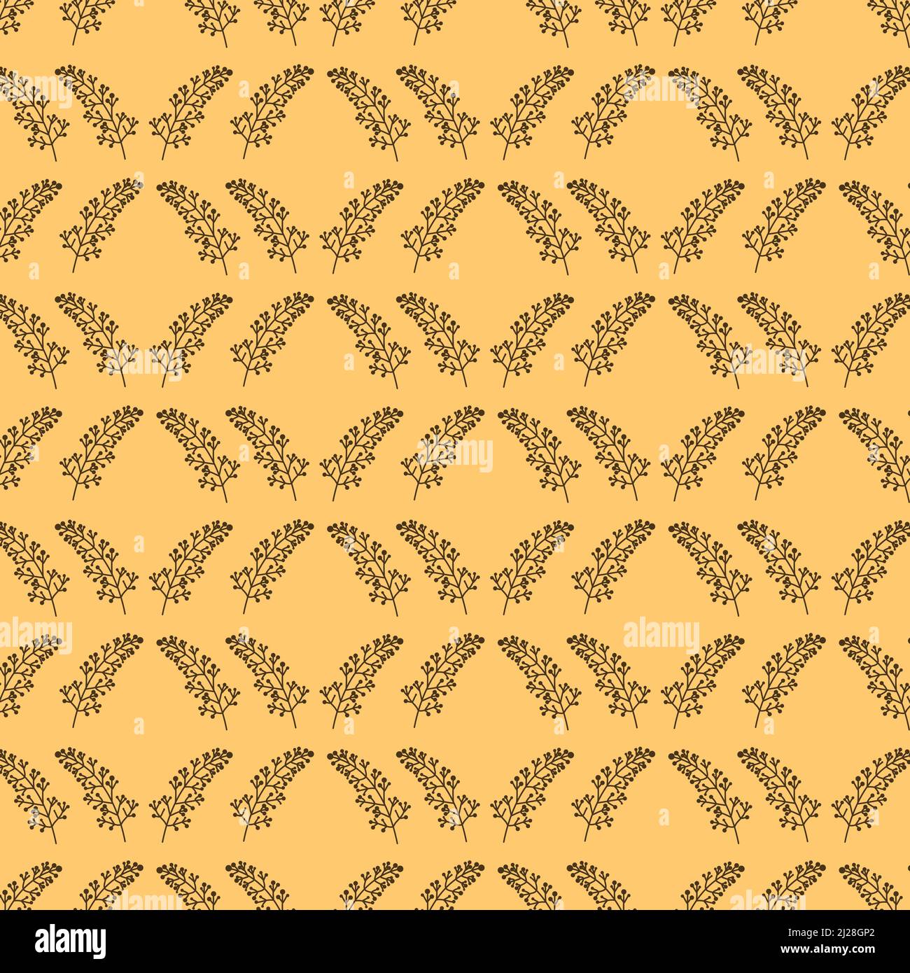 Modello senza cuciture con cute ramoscello simmetrico su sfondo giallo per carta da parati in tessuto, design di imballaggio e decorazione degli interni Foto Stock