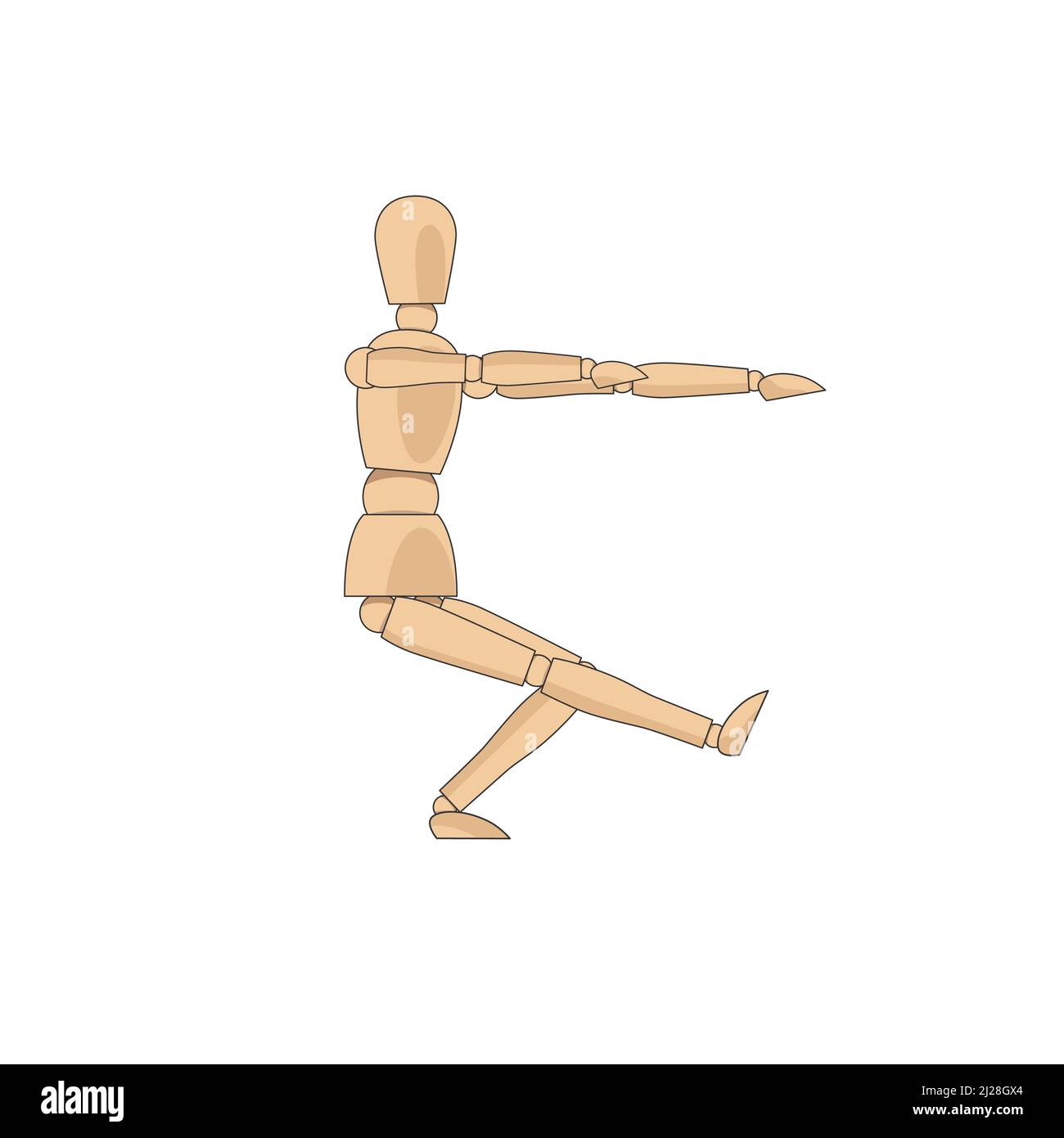 Modello uomo in legno, manichino per disegnare anatomia del corpo umano posa squat a gamba singola. Mannequin controllo fittizio figura vettore semplice illustrazione stock immagine Illustrazione Vettoriale
