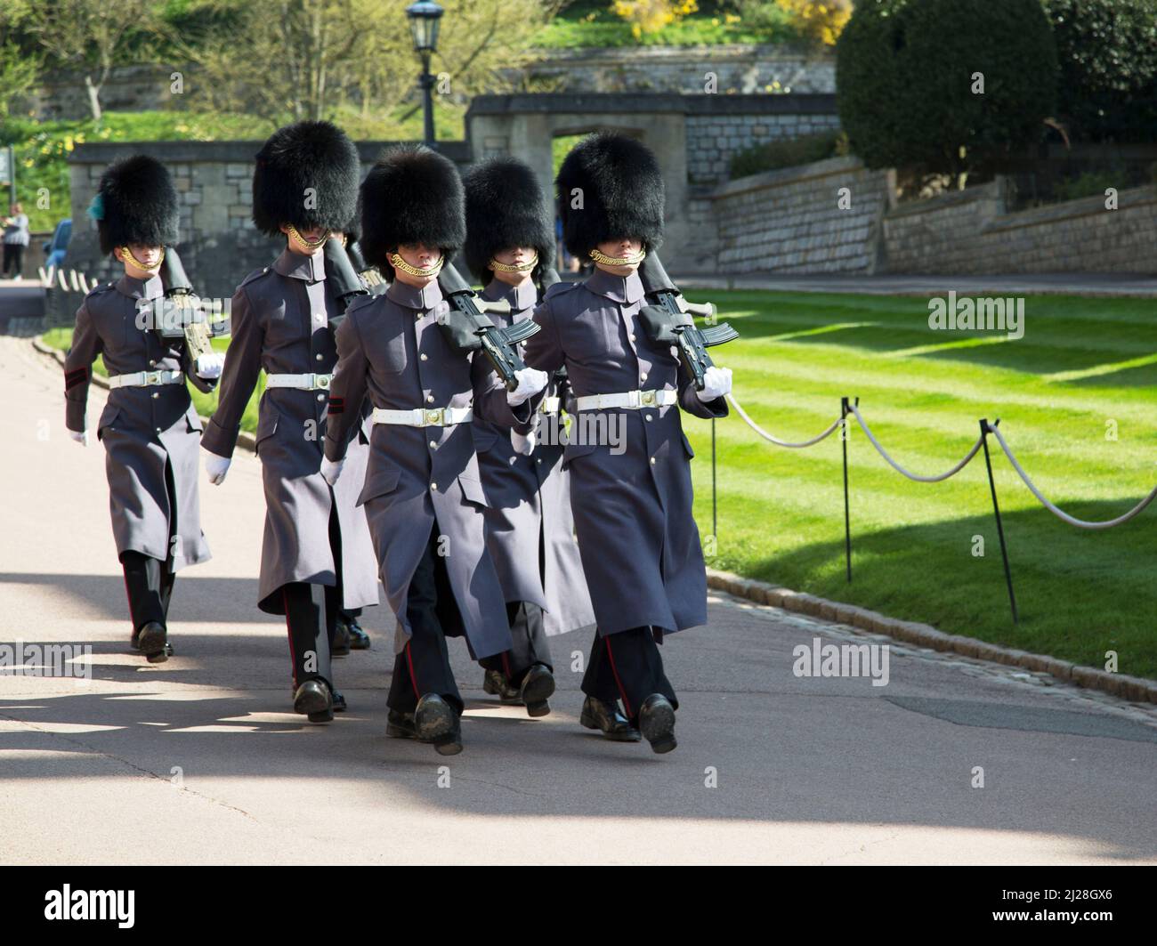 Le Guardie irlandesi sulla parata, residenza reale sovrana britannica. Windsor Castle, Windsor, Berkshire, Inghilterra, Regno Unito Foto Stock