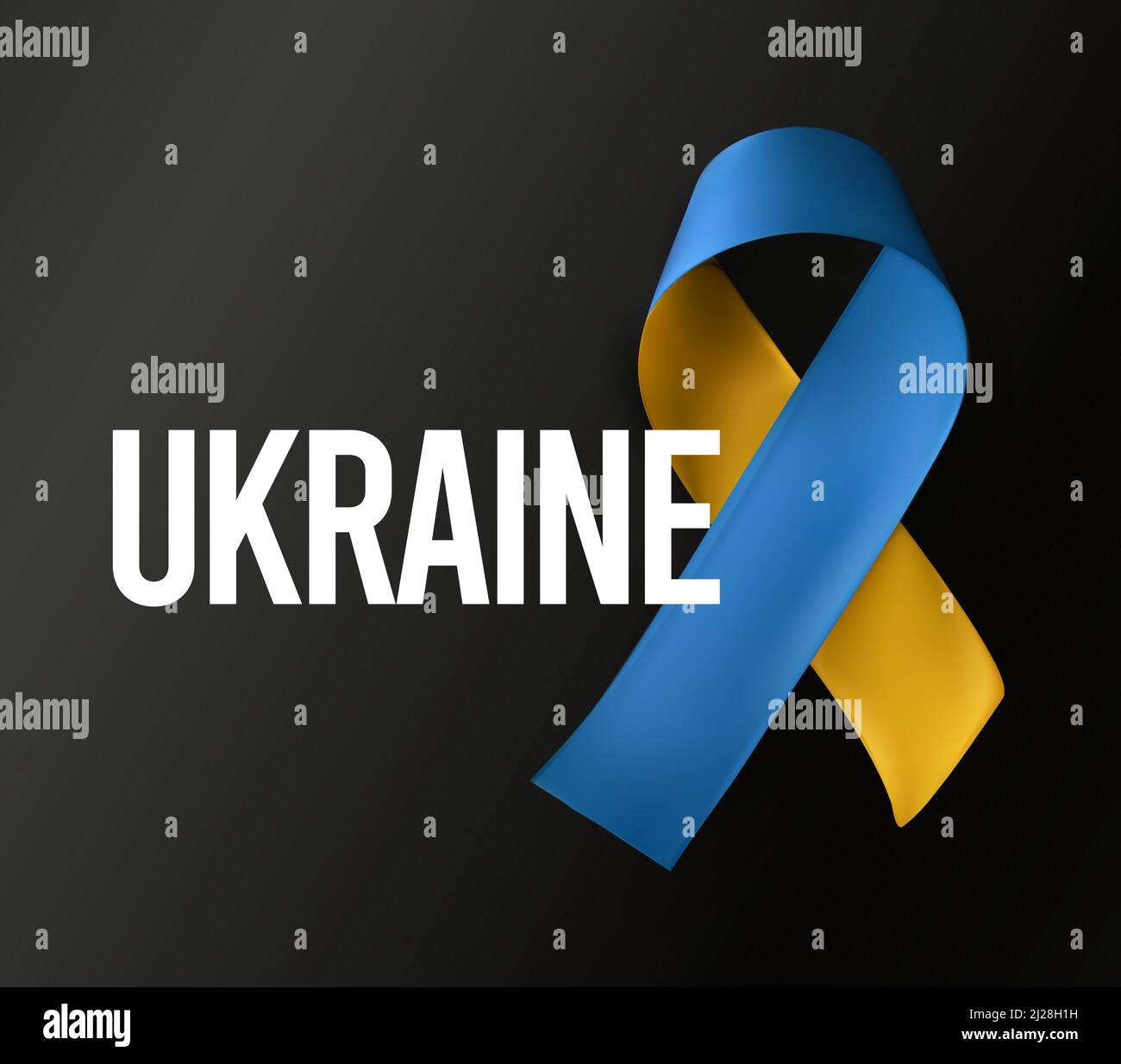 Simbolo di supporto Ucraina, nastro blu e giallo su sfondo scuro. Manifesto di guerra di consapevolezza, illustrazione vettoriale Illustrazione Vettoriale