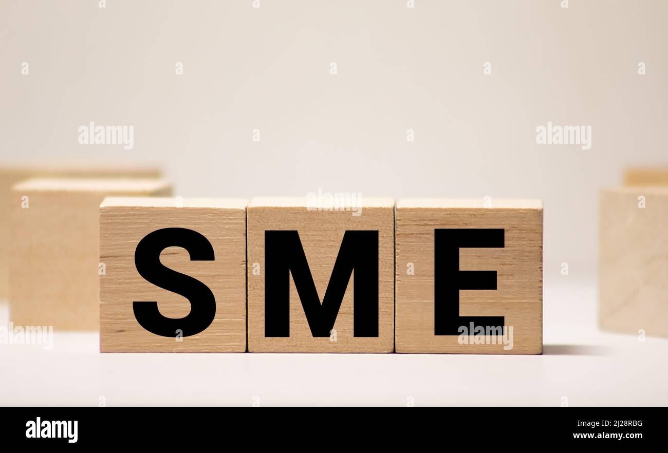 PMI, piccole medie imprese, parola concettuale di impresa su cubi di legno isolati su sfondo bianco. Foto Stock