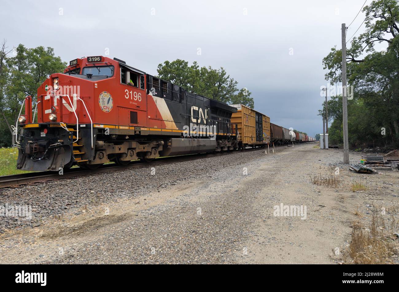 Elgin, Illinois, Stati Uniti. Una singola locomotiva Canadian National Railway che conduce un treno merci attraverso l'Illinois nord-orientale. Foto Stock