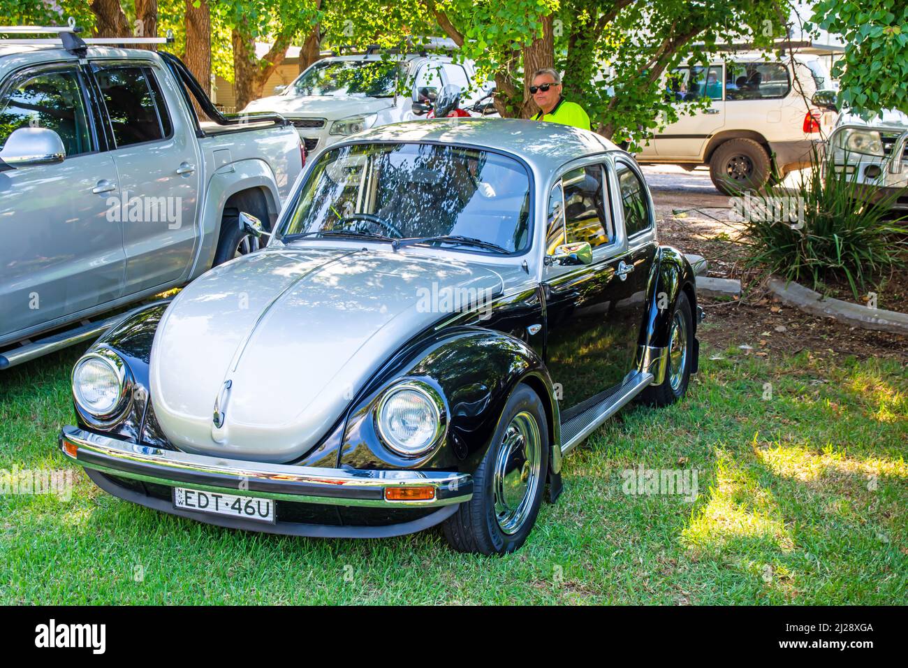 Un Volkswagon Beetle nero e argento in mostra al Tamworth Australia. Foto Stock