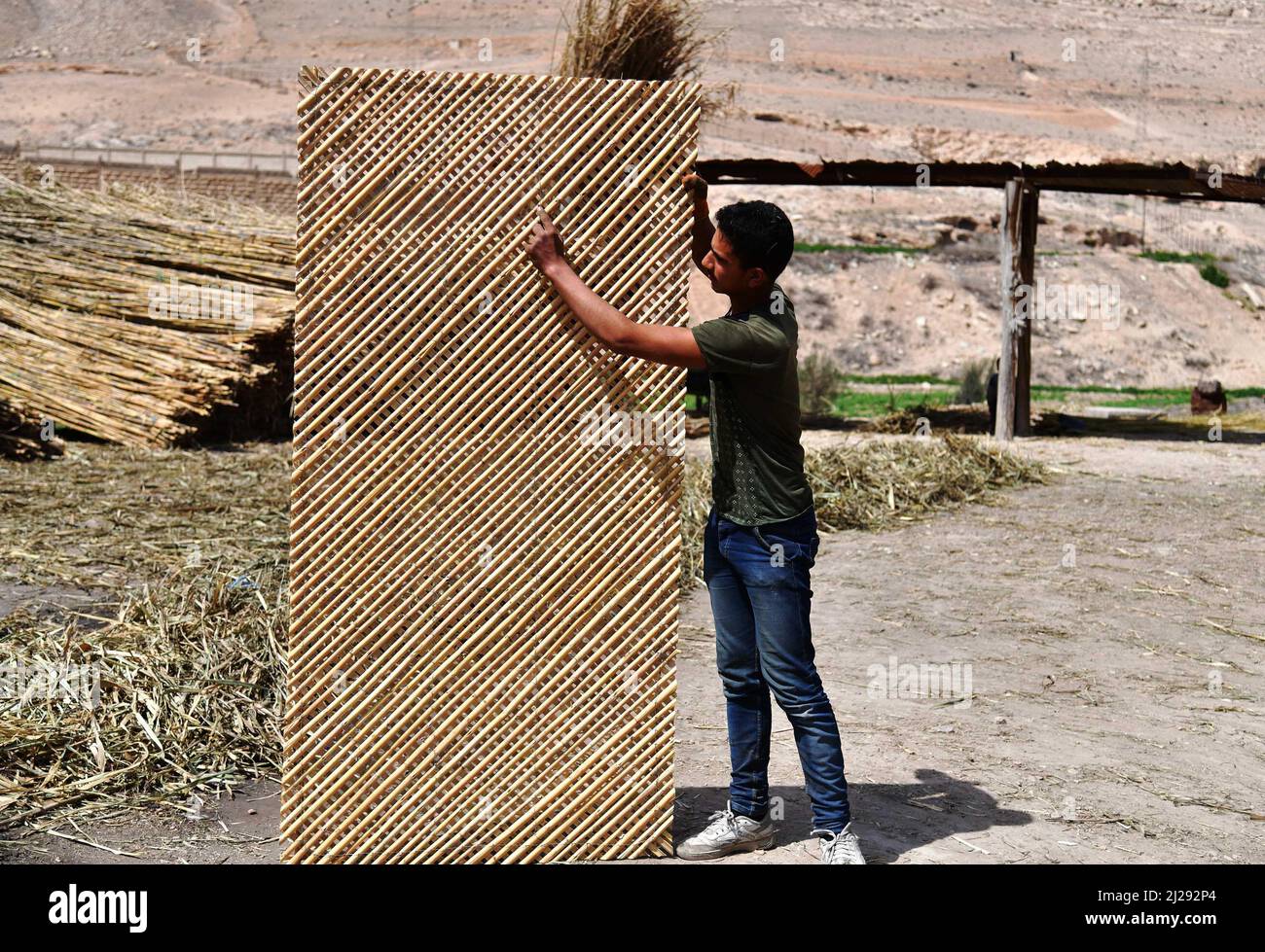 Damasco, Siria. 30th Mar 2022. Un uomo lavora su canne per fare un oggetto decorativo a Damasco, Siria, il 30 marzo 2022. Credit: Ammar Safarjalani/Xinhua/Alamy Live News Foto Stock