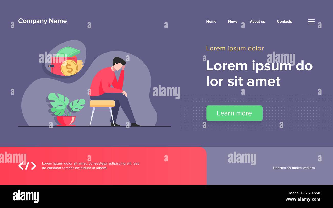 Uomo triste depresso pensando a problemi finanziari e debiti. L’uomo d’affari ha rotto, avendo bisogno di denaro, avendo un prestito non pagato. Illustrazione vettoriale per fallimento Illustrazione Vettoriale