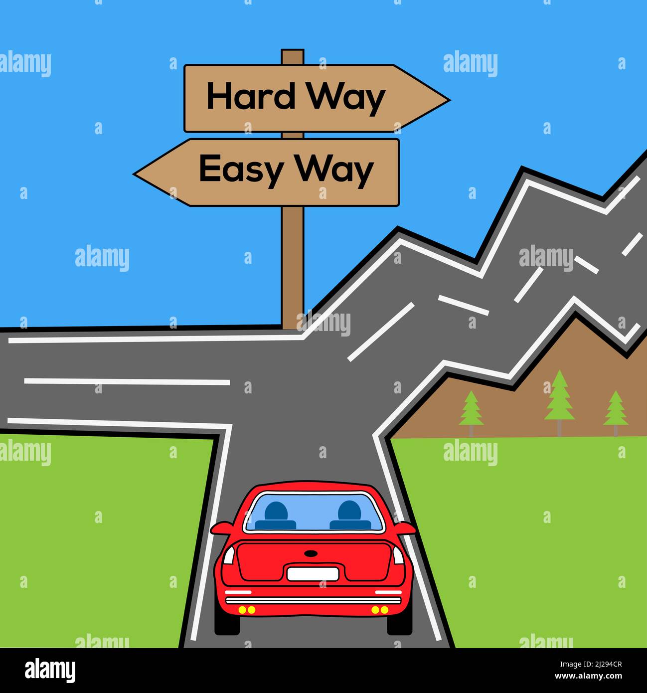 Concetto di dilemma di scelta del modo semplice o del modo difficile. Cartello in legno che indica la direzione del modo facile e del modo duro. Illustrazione Vettoriale