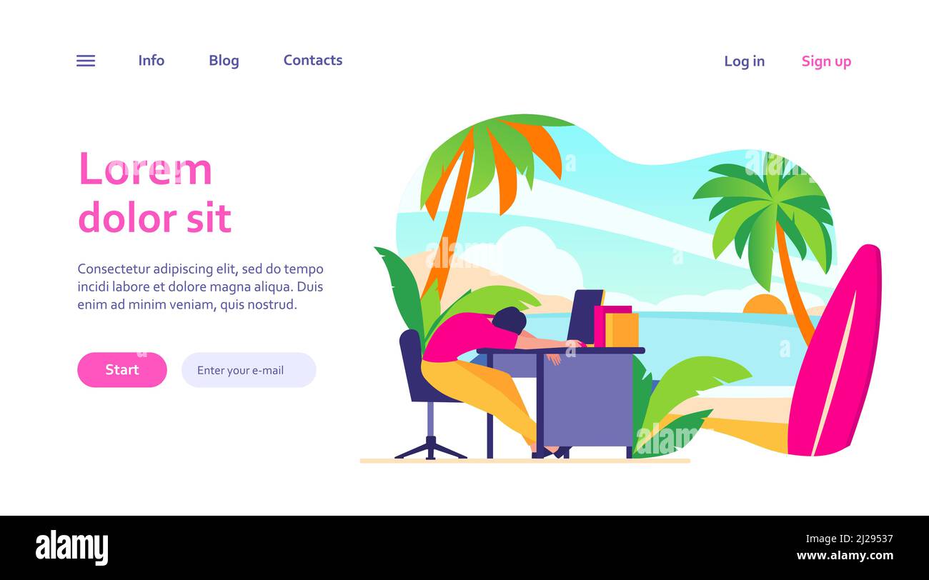 Stanco impiegato d'ufficio che dorme sul posto di lavoro e sogna di spiaggia oceanica con tavola da surf. Illustrazione vettoriale per burnout, vacanza, viaggio, vacanza con Illustrazione Vettoriale